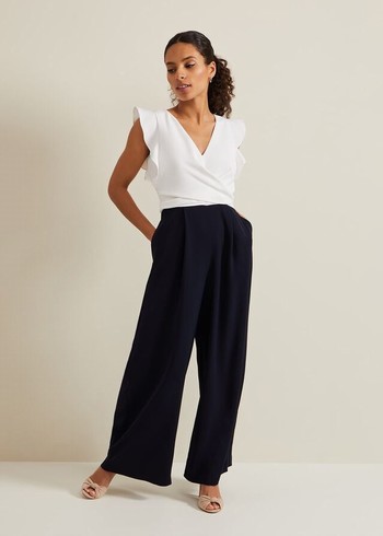 Phase Eight Petite Ayla Ruffle Colourblock Jumpsuit Navy/White Australia | GZ1308729